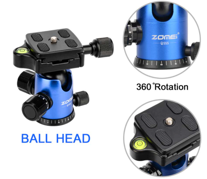 Features of the ZOMEi Q555 Aluminum Camera Tripod Kit with 360 Degree Ball Head Quick Release Plate for Solar Telescopes and Binoculars